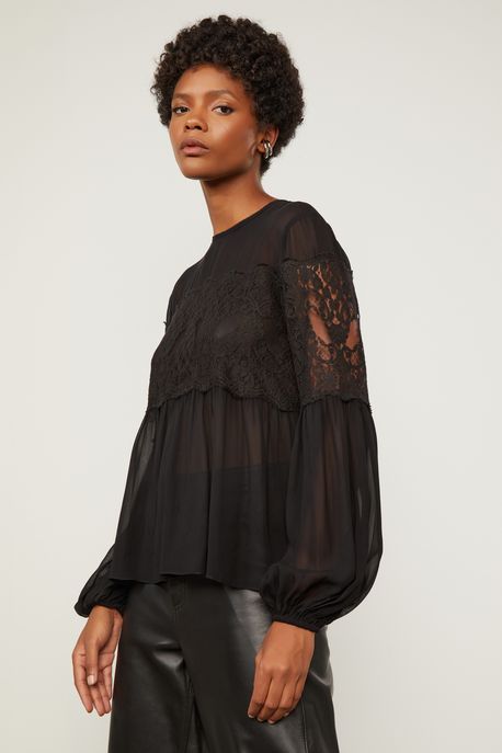 Bata De Georgette Manga Longa Com Renda Vazada Preto Preto - 36