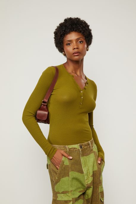 Blusa De Tricot Manga Longa Portuguesa Verde Figo - G