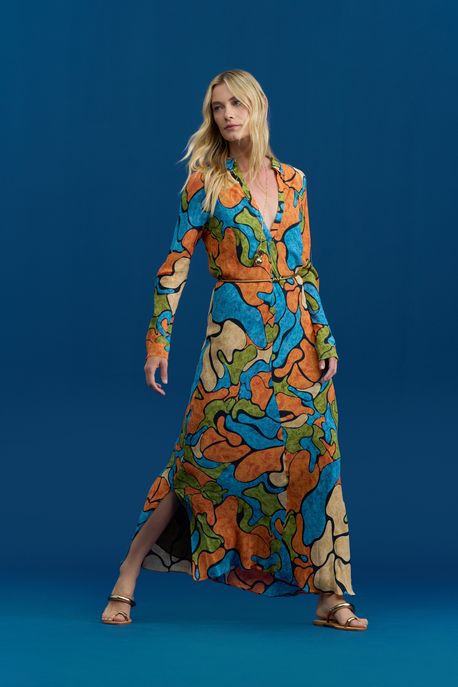 Vestido De Georgette Pesado Longo Polo Estampado Manga Longa Est Floral Liquido Preto e Queimado - 40