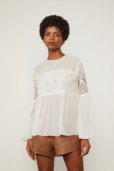 Bata De Georgette Manga Longa Com Renda Vazada Preto Off White - 44