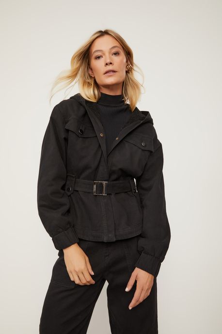 Jaqueta De Sarja Com Pelinho Na Gola Preto - P