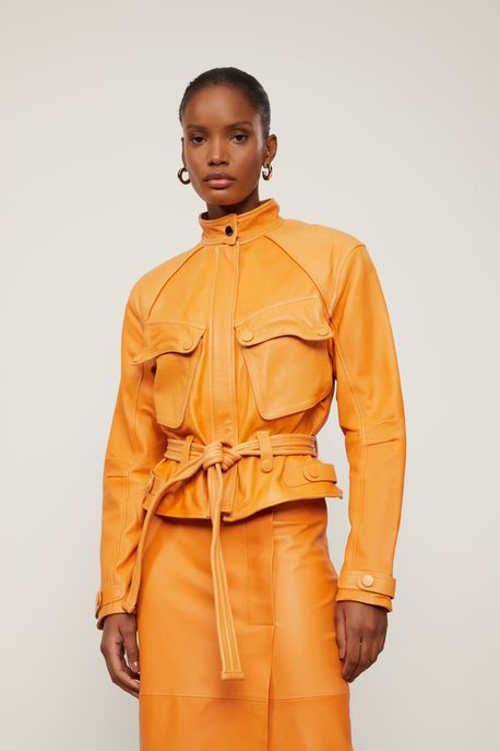 Jaqueta De Couro Faixa Matelasse Anml Laranja Queimado - M