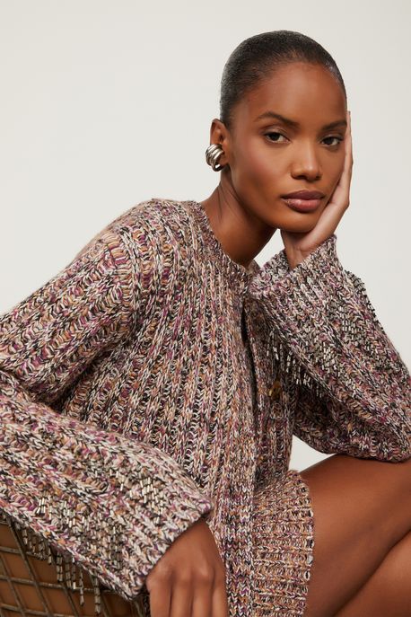 Cardigan De Tricot Over Com Bordado Manga Preto / Rosa/ Off/ Caramelo - M