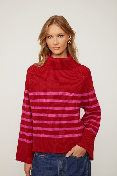 Blusão De Tricot Pull Com Gola Alta Listras Vermelho / Listra Rosa - G