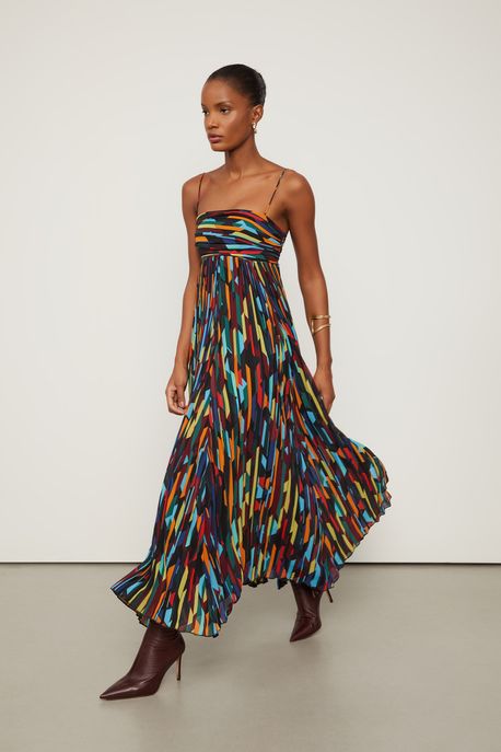 Vestido Longo Plissado Color Est Textura Retro Color - 38