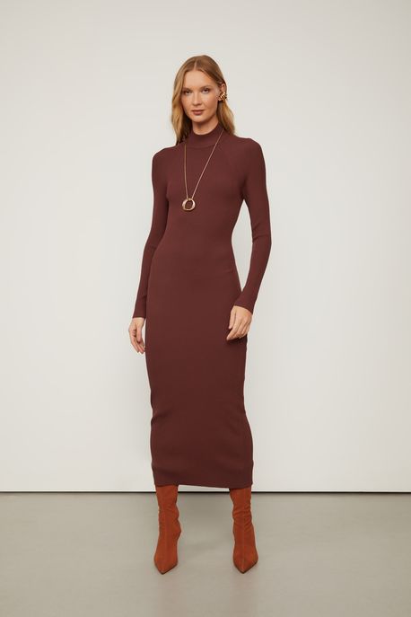 Vestido De Tricot Midi Com Gola Alta e Abertura Costas Marrom Rum - P