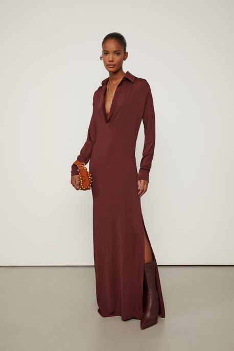 Vestido De Jersey Marrom Decote Polo Marrom Rum - M