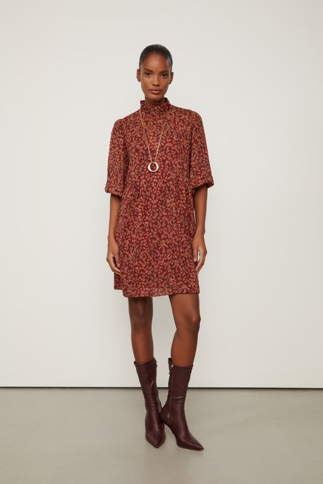 Vestido De Georgette Leve Curto Gola Alta Estampado Est Onca Reticula Ruibarbo e Doe - 42