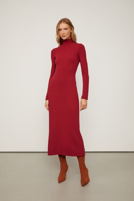 Vestido De Malha Crepe Marrom Midi Manga Longa Com Fenda Marrom Ruibarbo - P