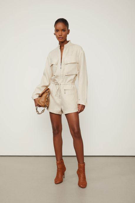 Macaquinho De Linho Manga Longa Com Regulagem Na Cintura Bege Sand - 36