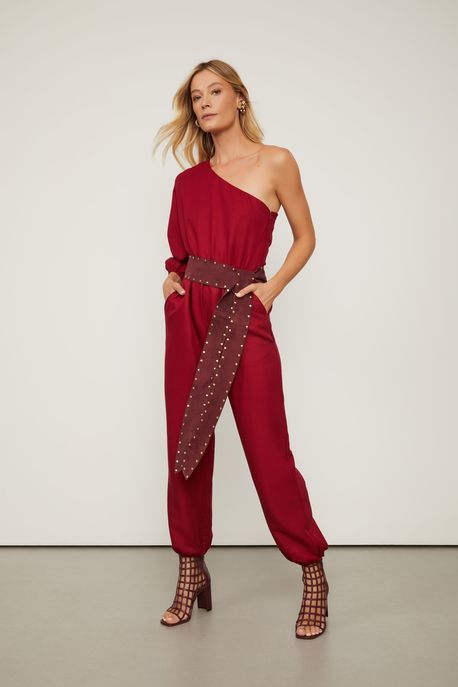 Macacão Manga Longa Um Ombro Só Bomber Com Linho Marrom Marrom Ruibarbo - 40