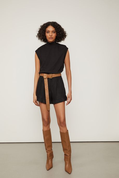 Short Detalhe Babado Com Linho Preto Preto - 36