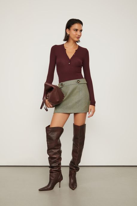 Mini Saia De Lã Com Botões No Cós Verde Mescla - 42