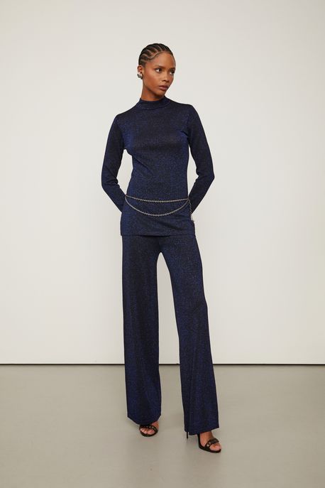Calça De Tricot Lurex Loose Azul Eclipse - M