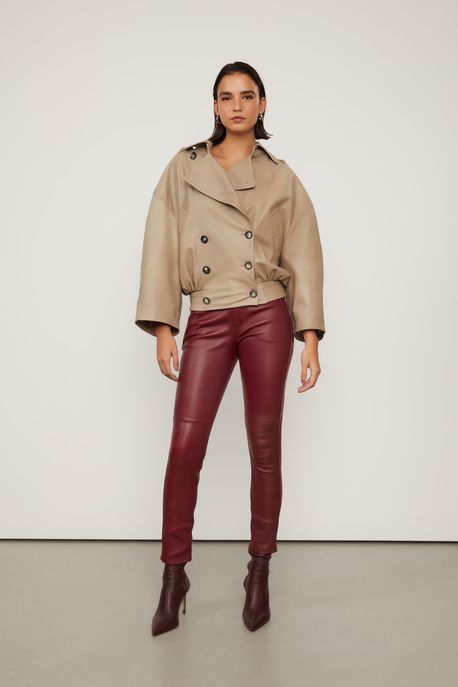 Calca De Couro Stretch Five Pockets Marrom Ruibarbo - 38