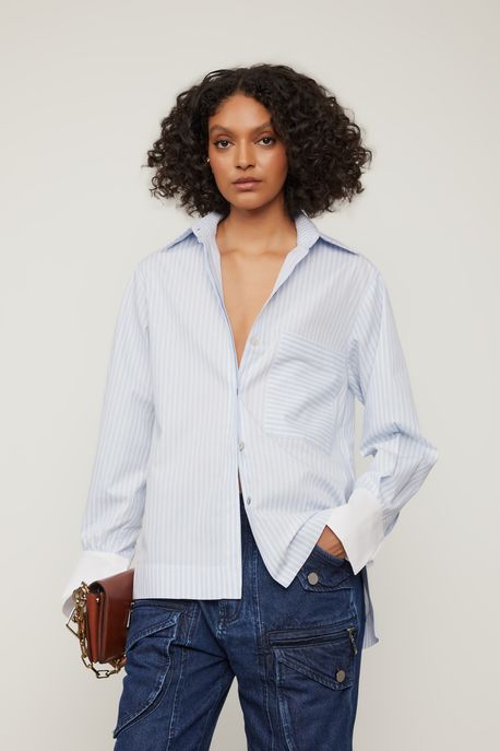 Camisa Listrada Com Punho Contrastante Azul Claro / Branco - P