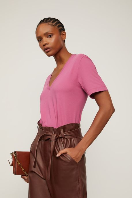 T-Shirt De Algodão Pima Decote v Rosa Prímula - PP