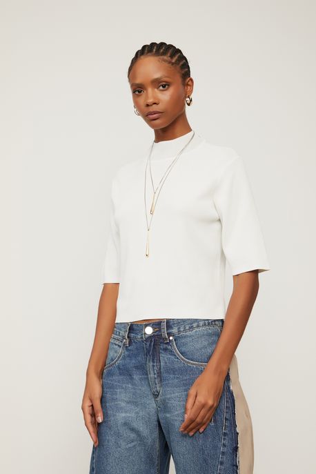 T-Shirt De Tricot Gola Alta Básica Off White - P