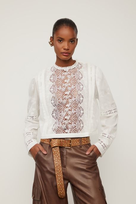 Blusa Bordada Manga Longa Off White - P