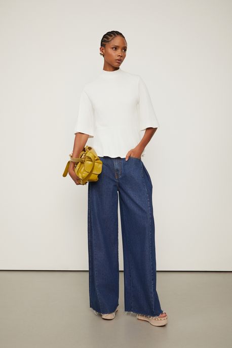 Blusa Malha Manga Media Gola Alta Off White - P