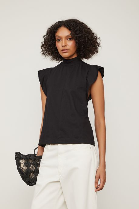 Blusa Malha Recortes Off Preto - M