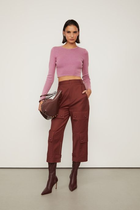 Blusa De Tricot Washed Manga Longa Cropped Rosa Primula - GG