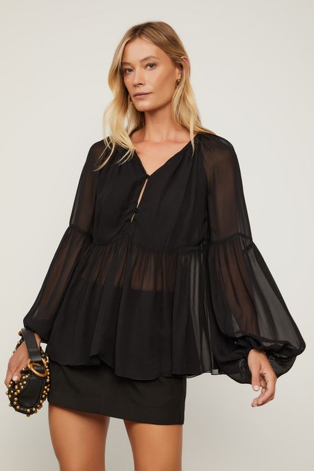Bata De Georgette Com Detalhe De Botões Preto Preto - 42