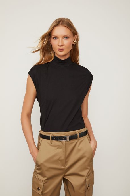 Blusa De Malha Gola Alta Preta Preto - G