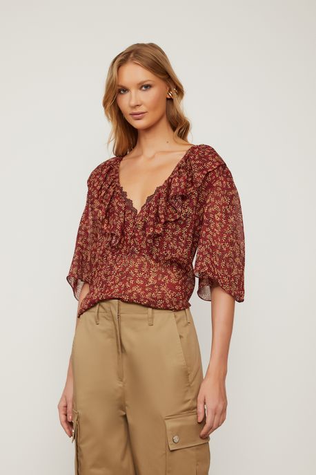 Blusa De Georgette Leve Gola Babado Estampada Est Onca Reticula Ruibarbo e Doe - 44