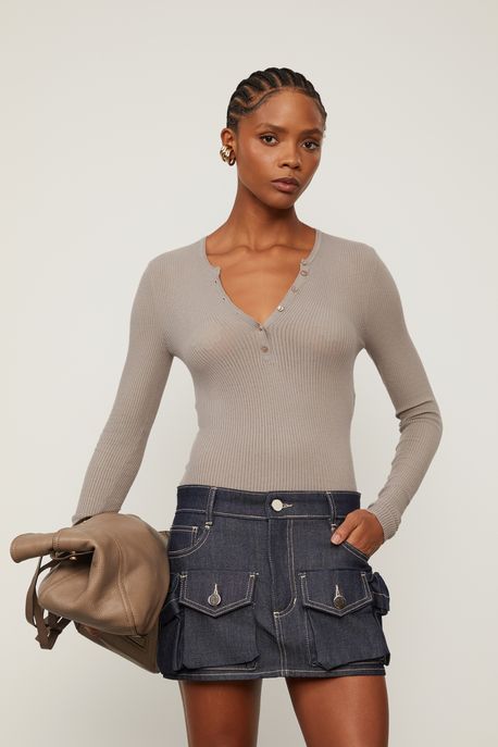 Blusa De Tricot Manga Longa Portuguesa Cinza - P