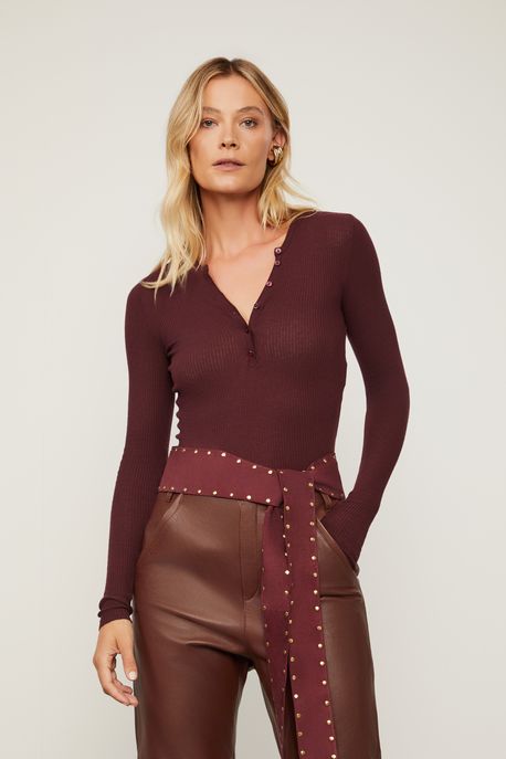 Blusa De Tricot Manga Longa Portuguesa Marrom Ruibarbo - GG