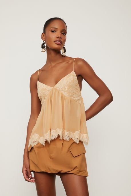 Regata De Georgette Leve De Alça Marrom Renda Aplicada Marrom Doe - 40