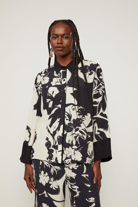 Camisa Manga Longa De Viscose Estampada Est Floral Pincel Off e Preto - P