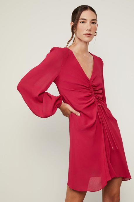 Vestido De Geprgette Curto Com Franzido Vermelho Vermelho Cereja - 44