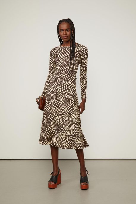 Vestido Midi Manga Longa Vitral Est Pois Vitral Cafe e Creme - PP