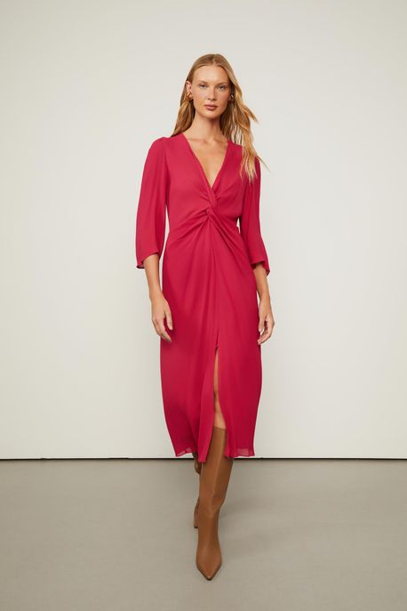 Vestido De Georgette Midi Com Torcido Vermelho Vermelho Cereja - 38