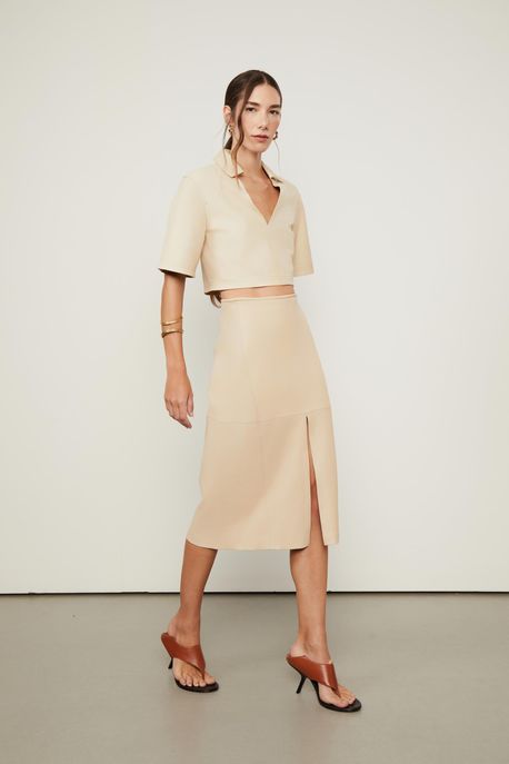 Saia De Couro Stretch Midi Fenda Frontal Bege Creme - 36