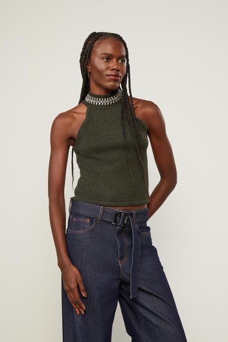 Blusa De Tricot Halter Com Gola Bordada Grafite - P