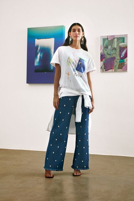 T-Shirt De Malha Off White Silk Furcolin Notas Claras Off White - M