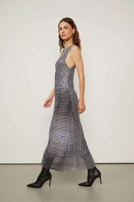 Vestido De Tule Estampado Midi Xadrez Cromo Est Xadrez Cromo Glitch e Future - G