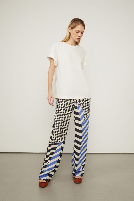 Calça De Georgette Pesado Reta Estampada Est Listra Patch Off e Future - 44