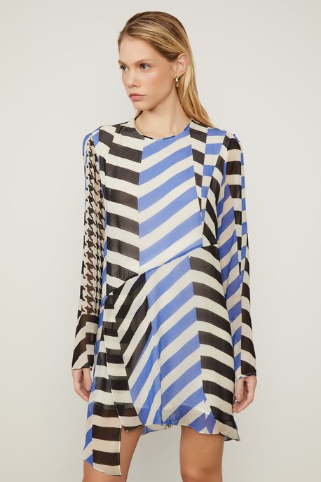 Vestido De Georgette Leve Curto Manga Longa Estampado Assimétrico Est Listra Patch Off e Future - 40