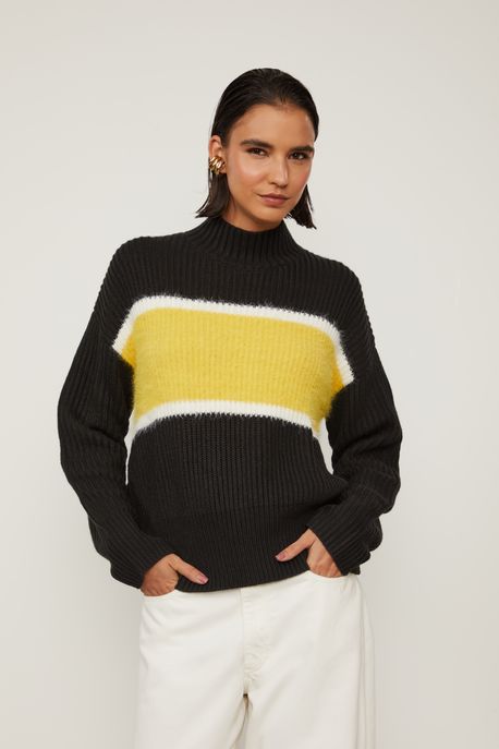 Casaco De Tricot Maxi Faixa Contraste Preto / Amarelo - G
