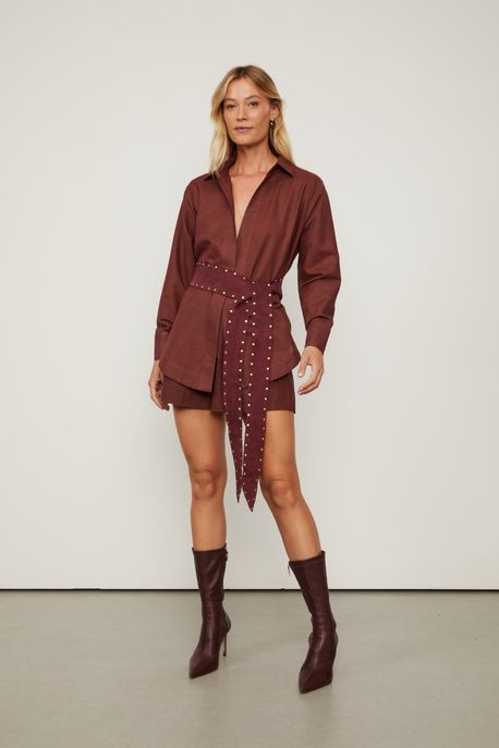 Camisa Manga Longa Com Linho Oversized Com Amarração Marrom Marrom Rum - 40