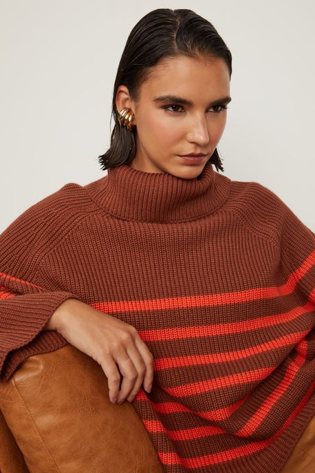 Blusão De Tricot Pull Com Gola Alta Listras Marrom Biscoito/ Listra Laranja Clash - G