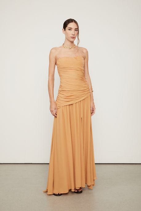 Vestido Sem Alças Longo Com Fenda Marrom Doe - 38