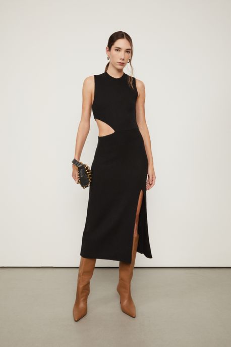 Vestido De Tricot Midi Cut Lateral Preto - P