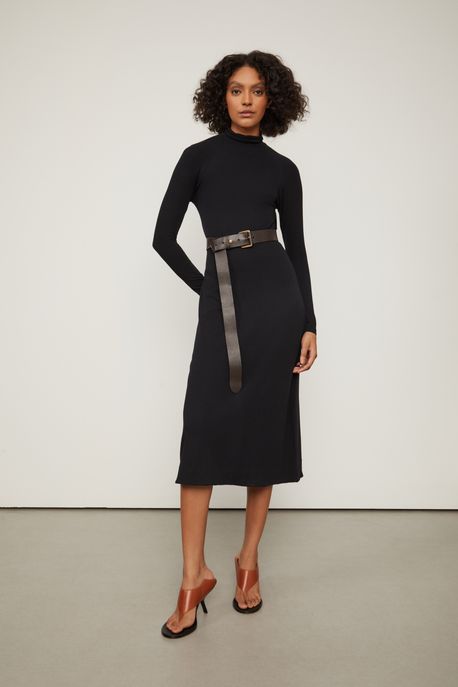 Vestido Midi Basic Manga Longa Preto - M