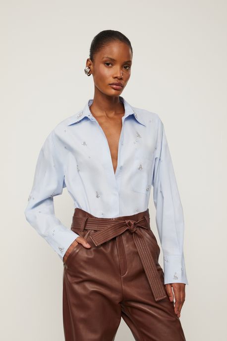 Camisa Com Bordado De Pedra Azul / Branco - 38