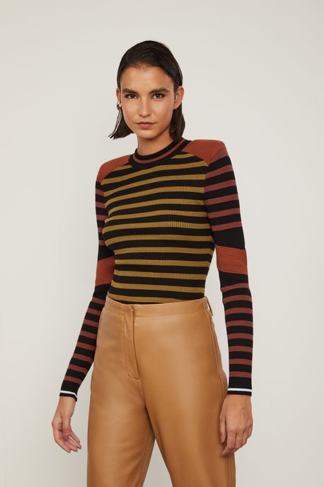 Blusa De Tricot Listrado Com Manga Longa Preto/ Verde Figo/ Marrom Rum/Marrom Bis - M
